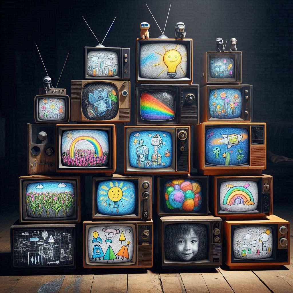 A collection of tv's with different programmes on them.